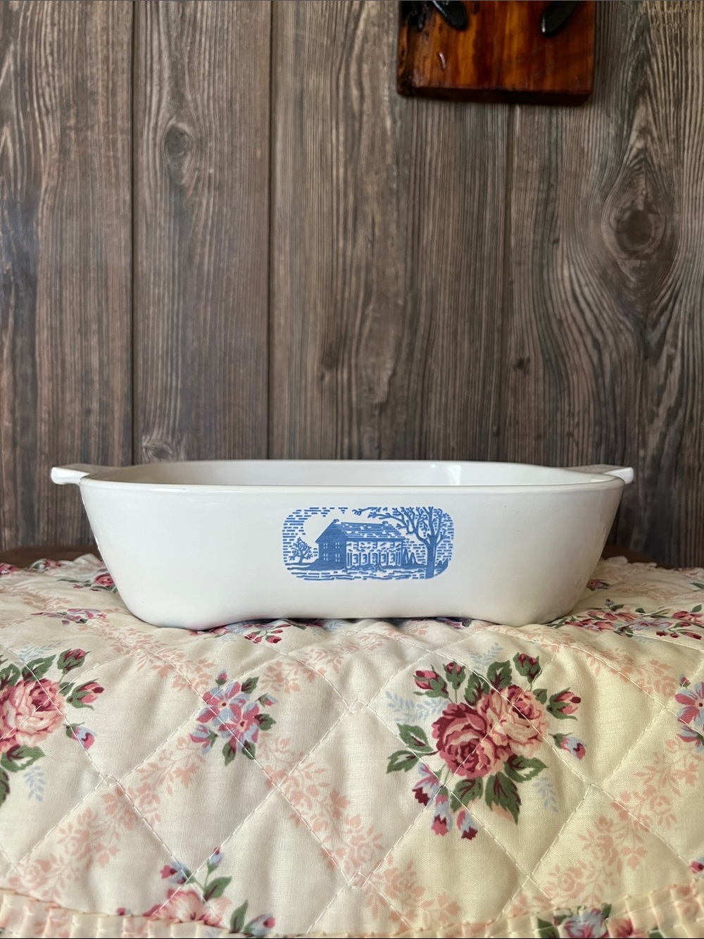 Vintage white Corningware Browning Skillet with Blue Farmhouse Design